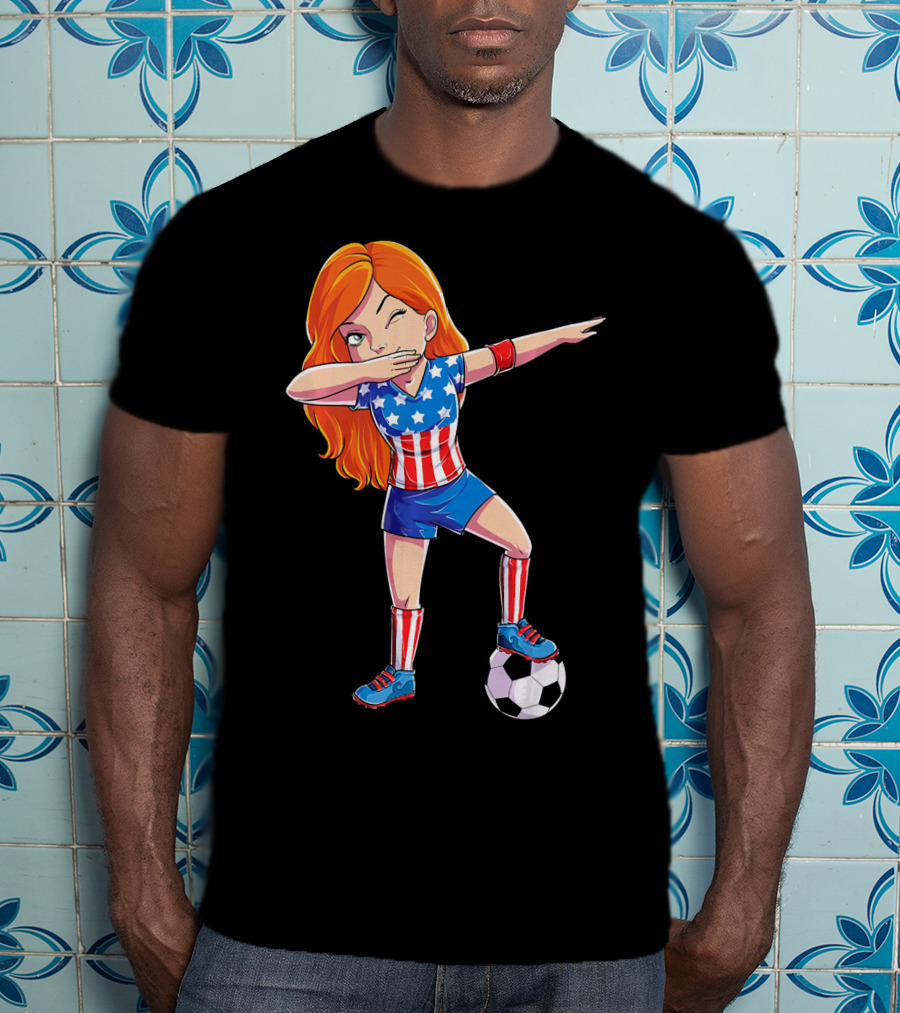 Dabbing Soccer Girl USA Flag Stars And Stripes Jersey T-Shirt