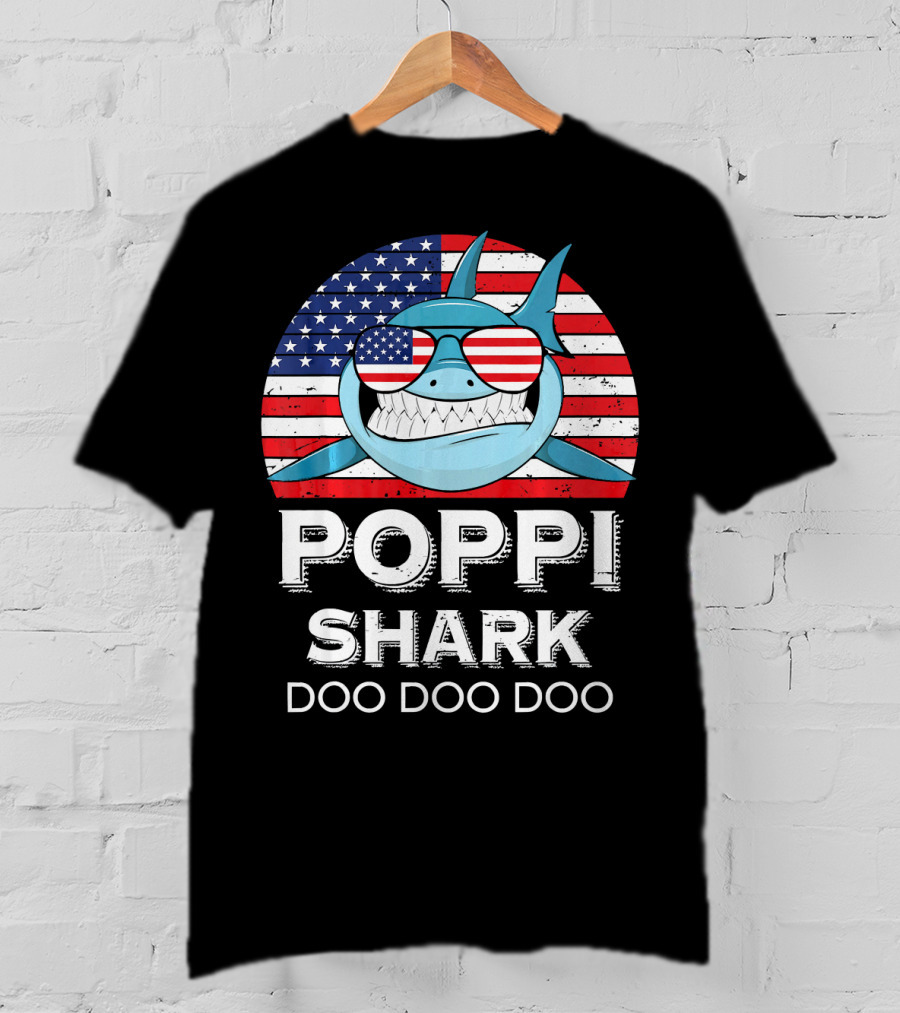 Poppi Shark Doo Doo Doo American Flag Sunglasses T-Shirt