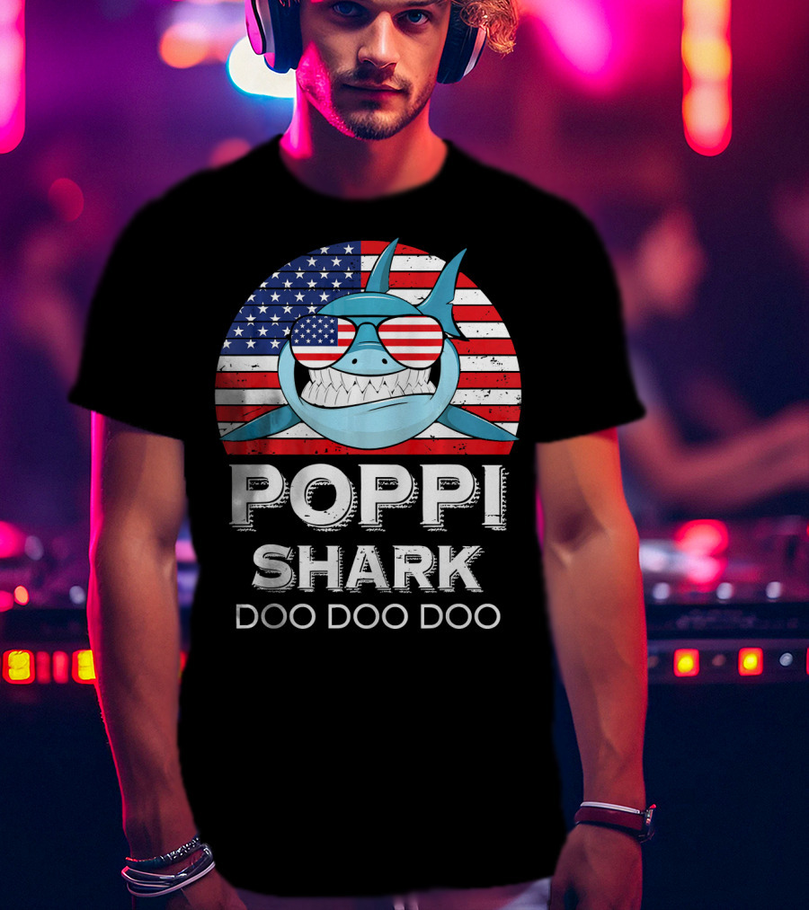 Poppi Shark Doo Doo Doo American Flag Sunglasses T-Shirt