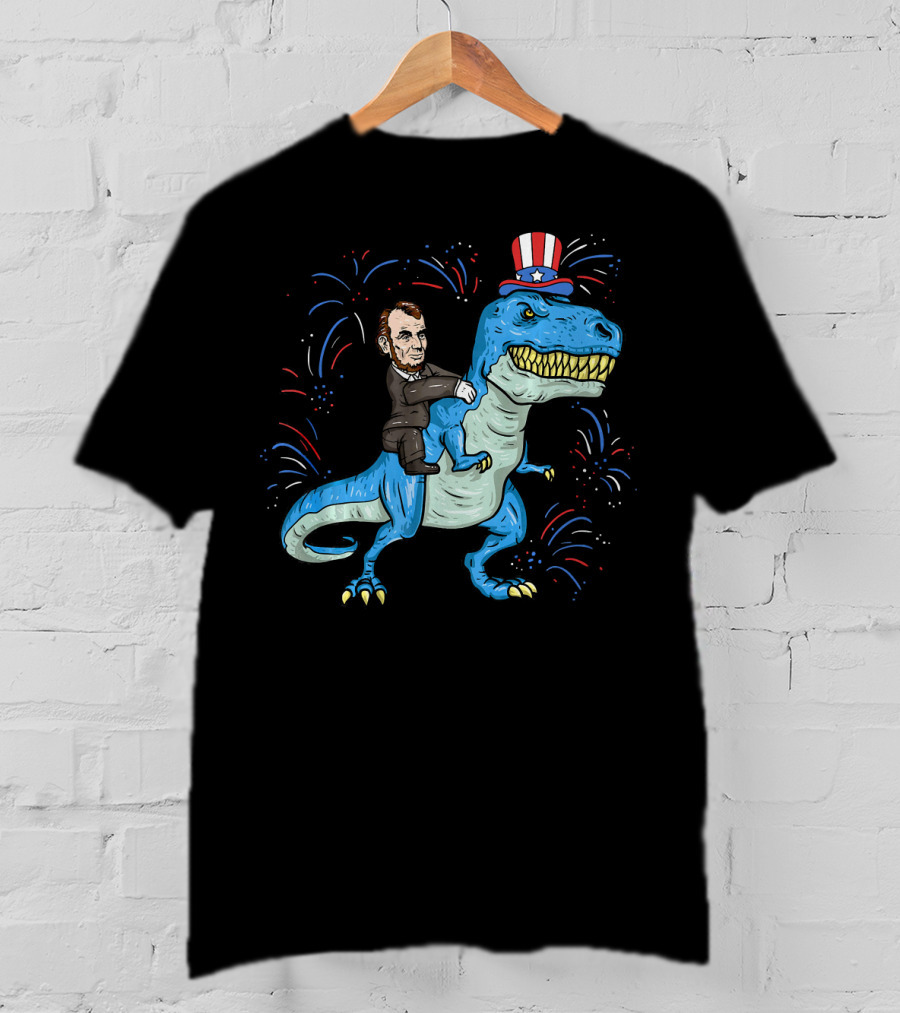 Abe Lincoln Patriotic Dinosaur Riding Fireworks Hat T-Shirt