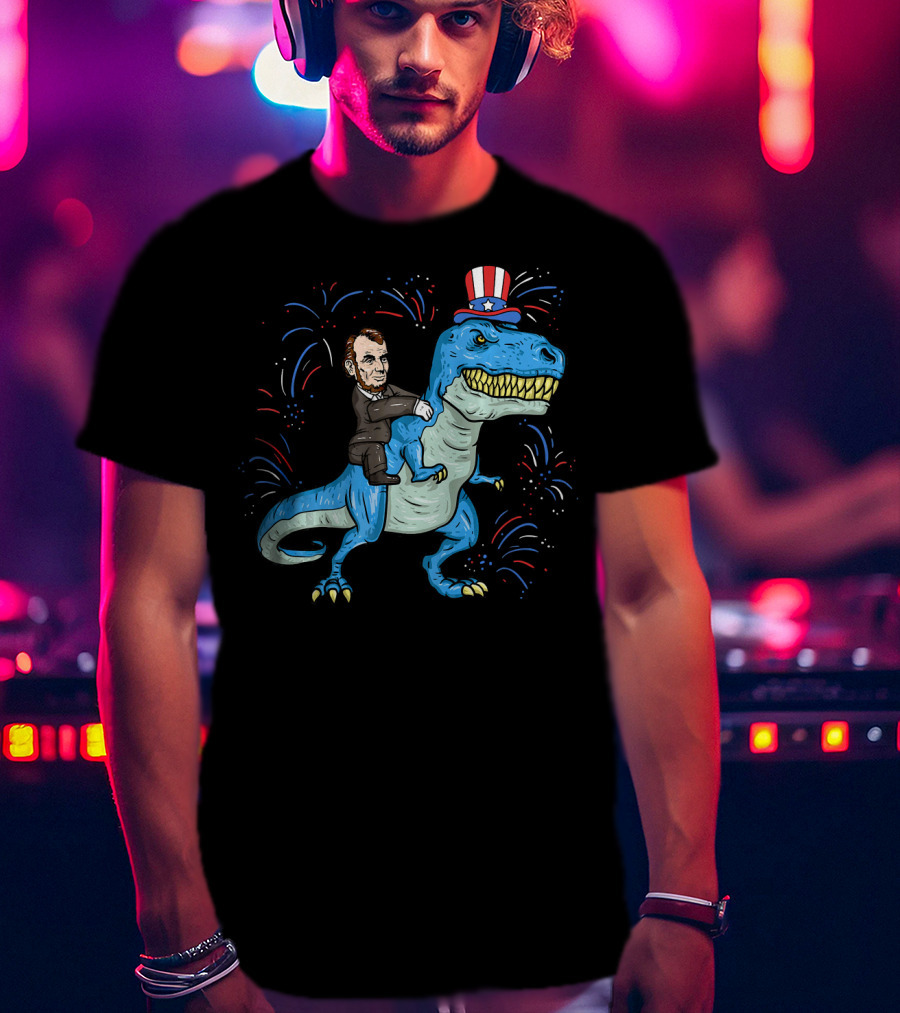 Abe Lincoln Patriotic Dinosaur Riding Fireworks Hat T-Shirt