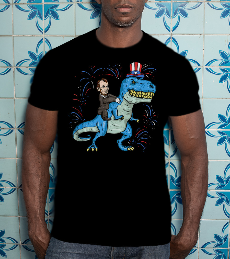 Abe Lincoln Patriotic Dinosaur Riding Fireworks Hat T-Shirt