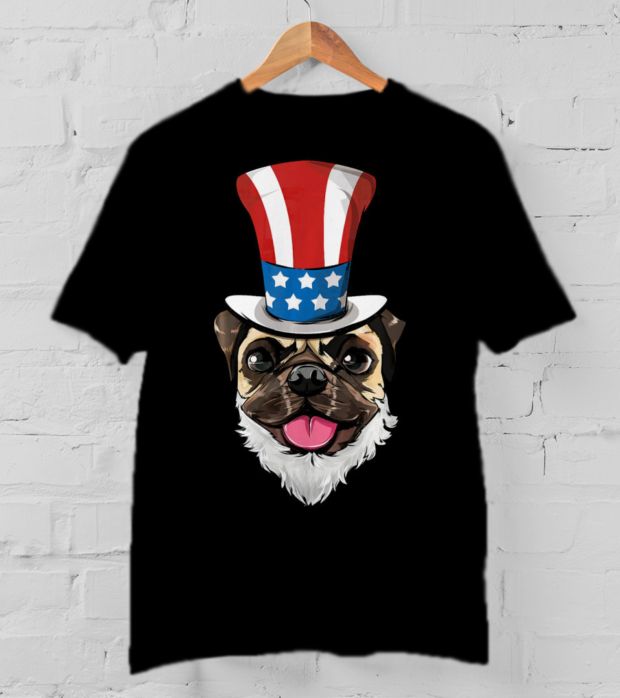Pug Dog Wearing Uncle Sam Hat And Lincoln Beard T-Shirt