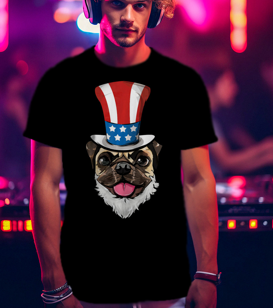 Pug Dog Wearing Uncle Sam Hat And Lincoln Beard T-Shirt