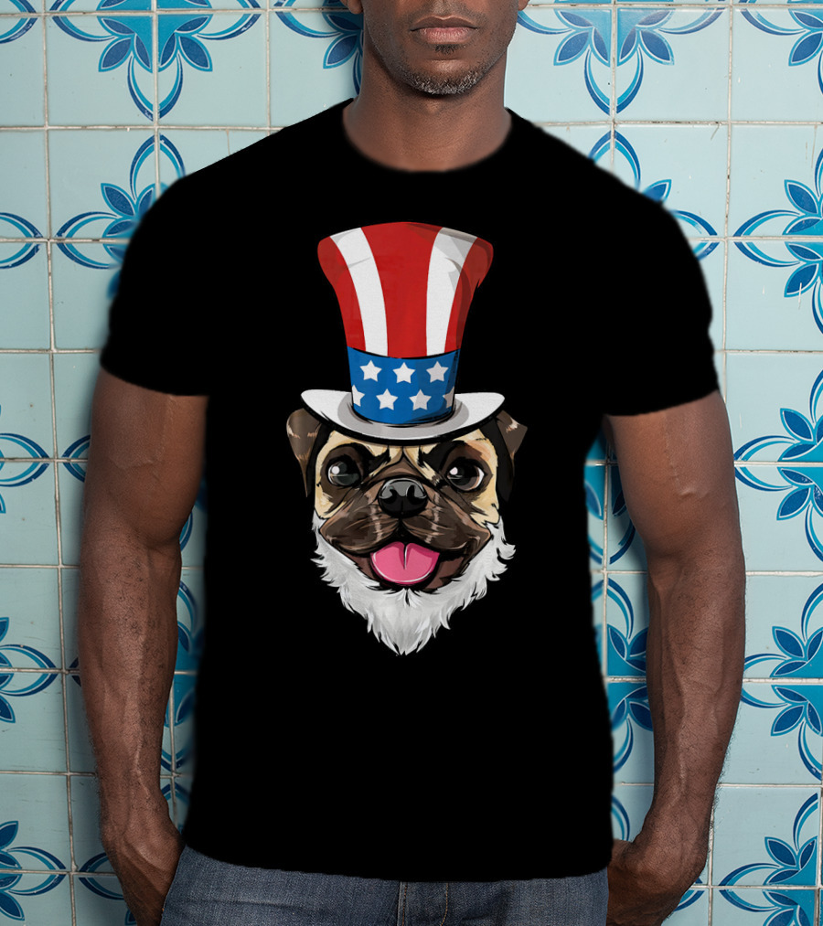 Pug Dog Wearing Uncle Sam Hat And Lincoln Beard T-Shirt