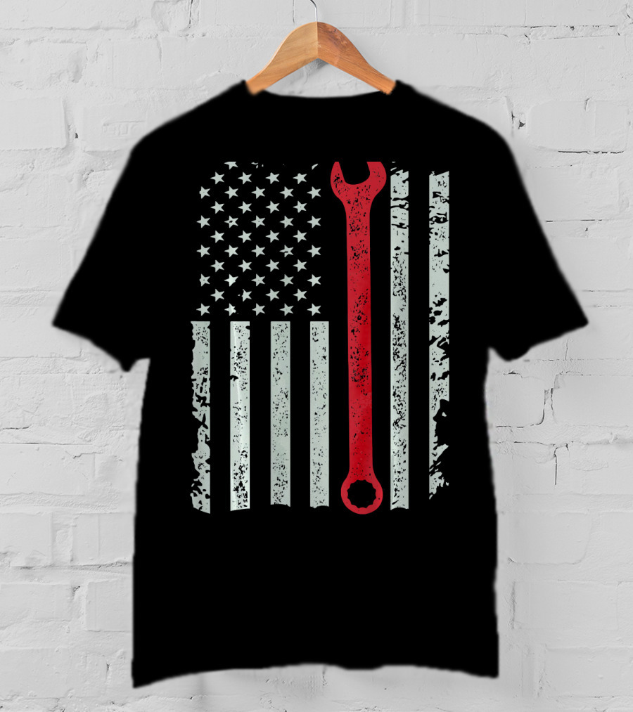 American Flag With Red Mechanic Wrench T-Shirt