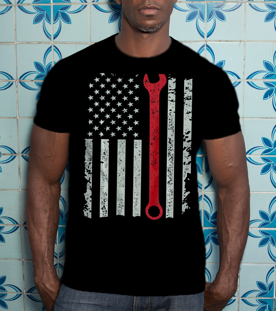 American Flag With Red Mechanic Wrench T-Shirt