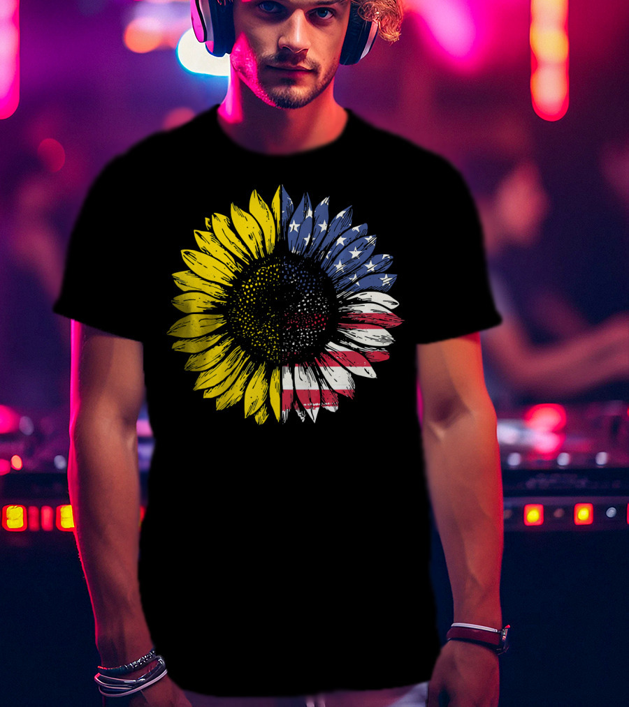 Sunflower With American Flag Stars And Stripes Patriotic T-Shirt