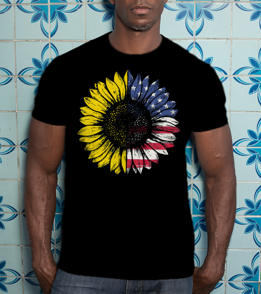 Sunflower With American Flag Stars And Stripes Patriotic T-Shirt
