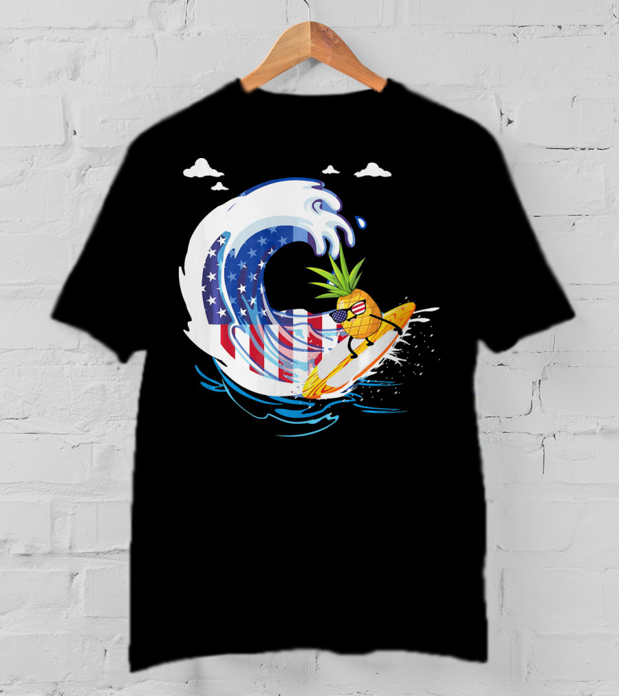 Pineapple Surfing American Flag Wave Hawaiian T-Shirt