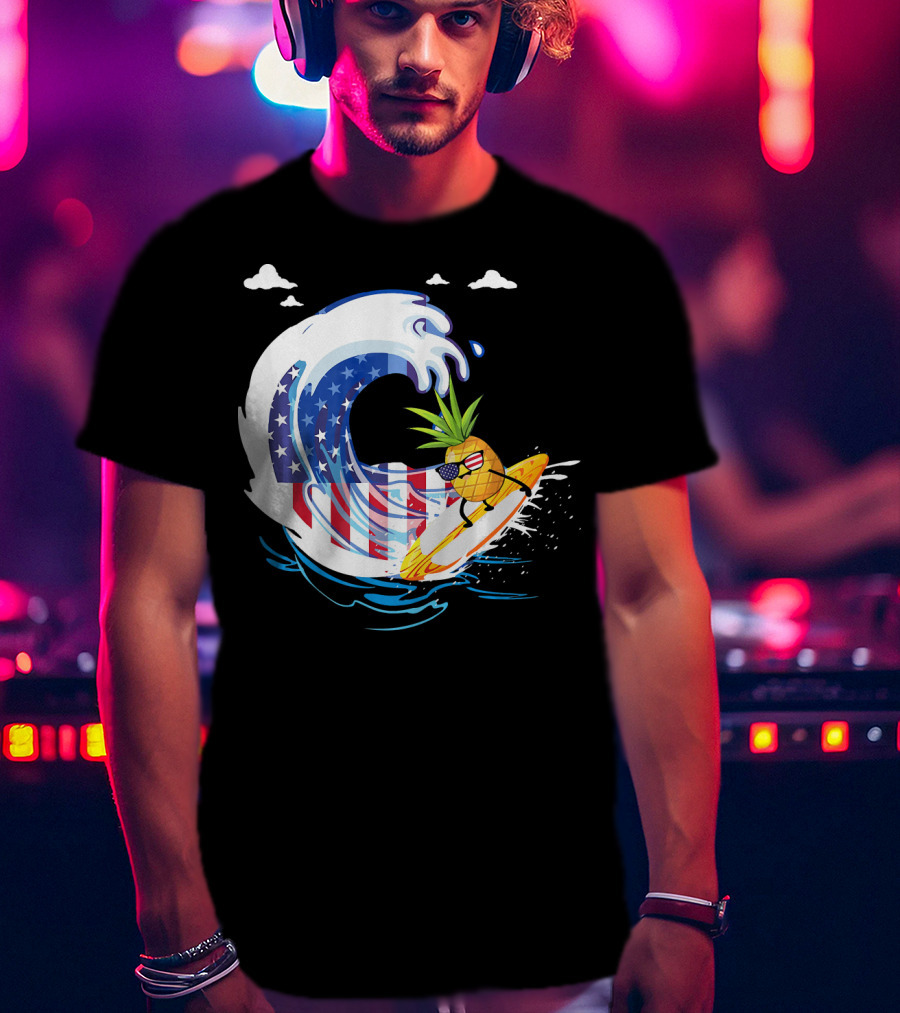 Pineapple Surfing American Flag Wave Hawaiian T-Shirt