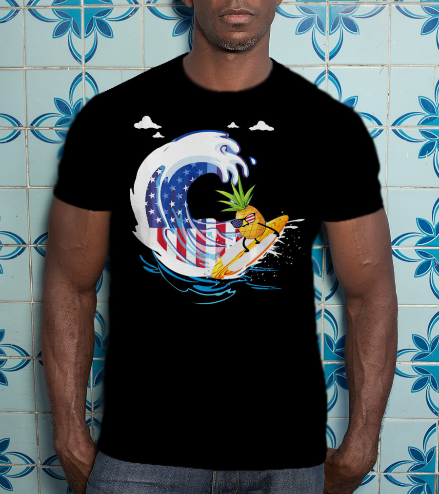 Pineapple Surfing American Flag Wave Hawaiian T-Shirt