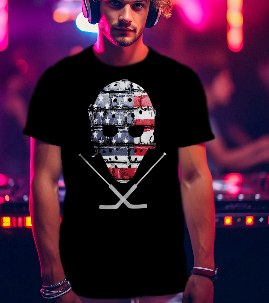 United States Hockey Goalie Mask With Flag And Sticks T-Shirt