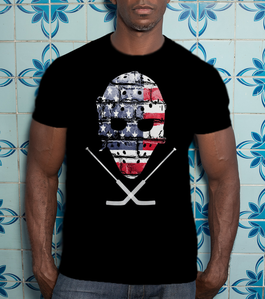 United States Hockey Goalie Mask With Flag And Sticks T-Shirt