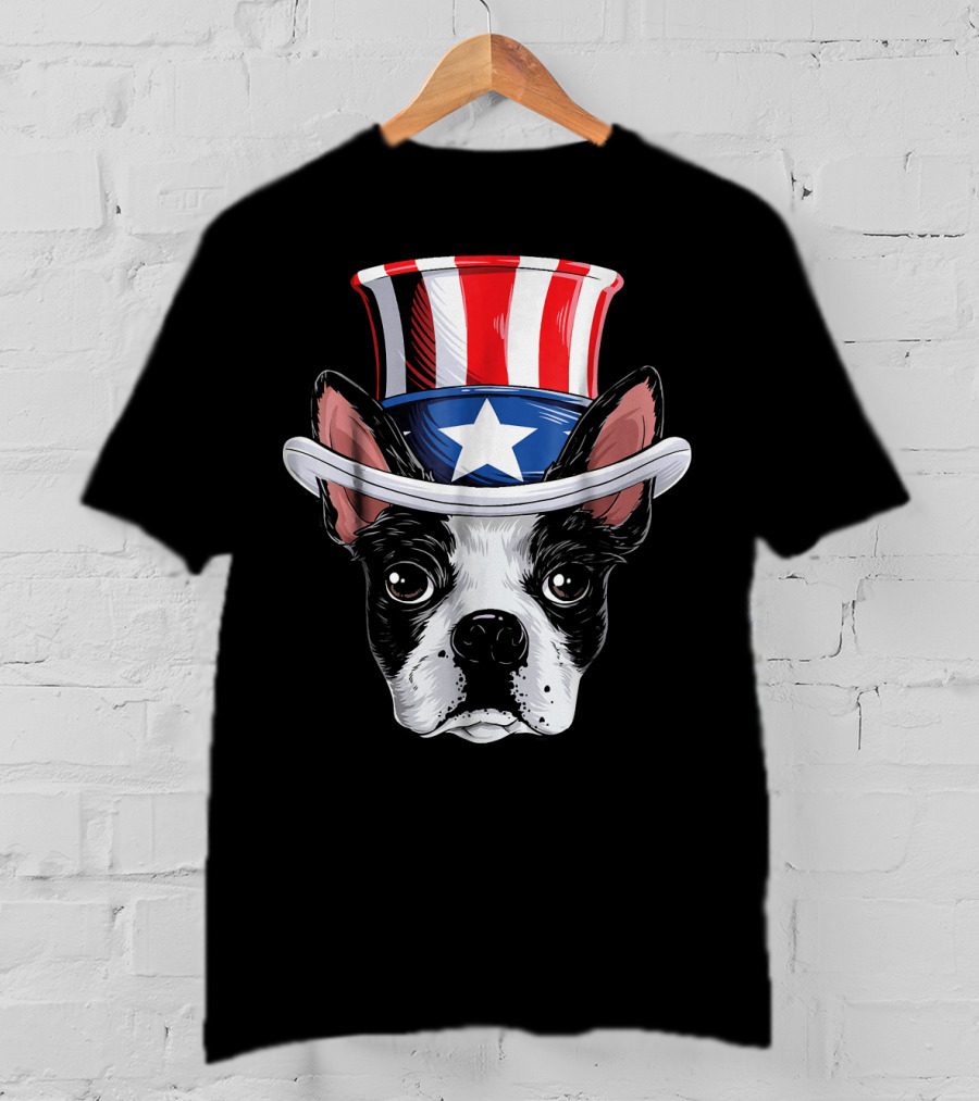 Boston Terrier Wearing Uncle Sam Hat With Star And Stripes T-Shirt