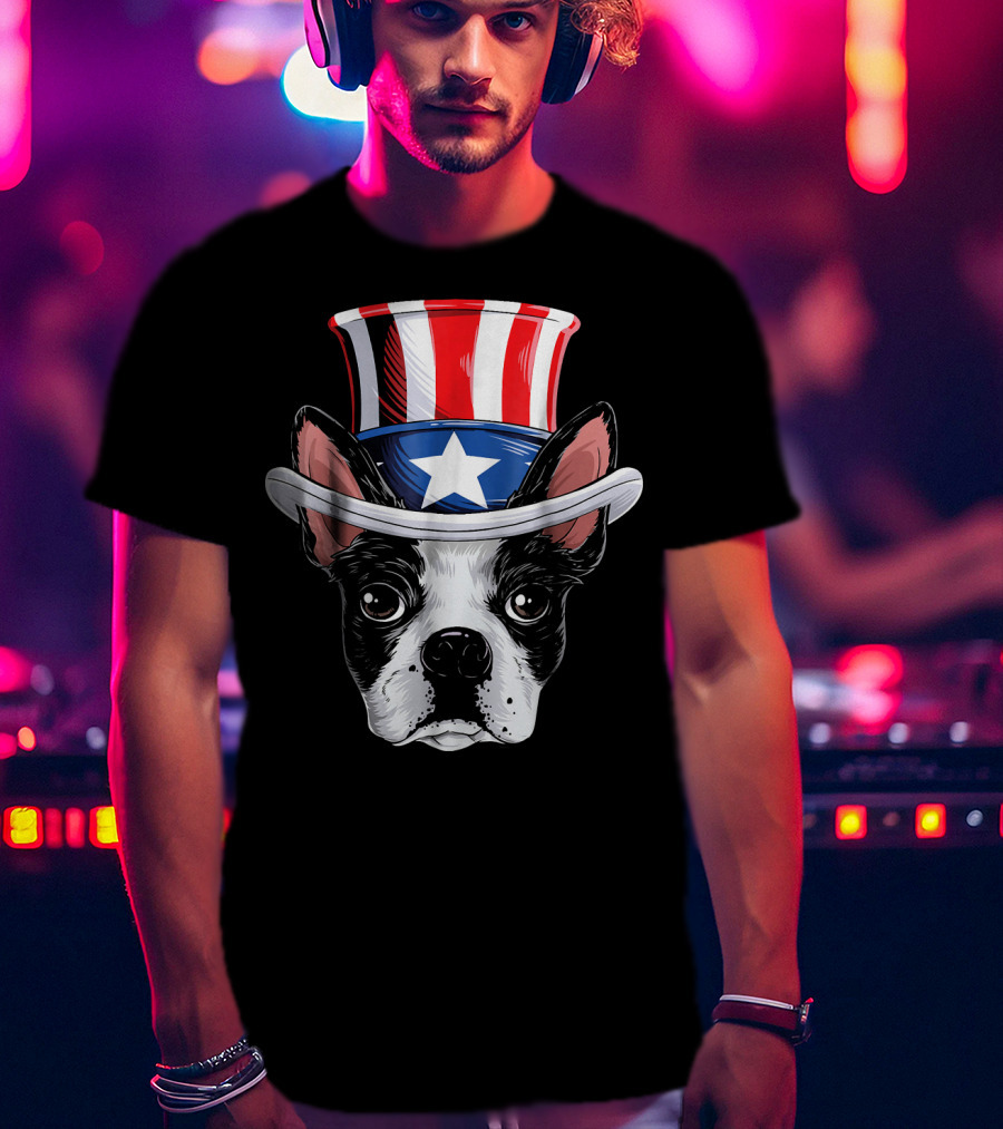 Boston Terrier Wearing Uncle Sam Hat With Star And Stripes T-Shirt
