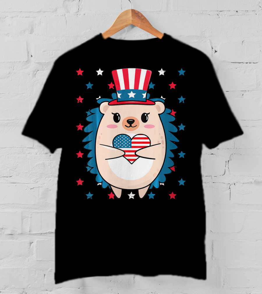 Hedgehog Patriotic Stars Uncle Sam Hat Holding USA Flag Heart T-Shirt
