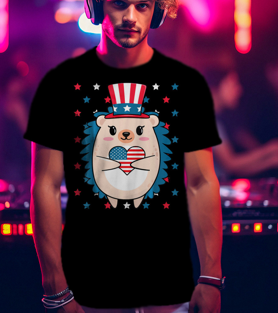 Hedgehog Patriotic Stars Uncle Sam Hat Holding USA Flag Heart T-Shirt
