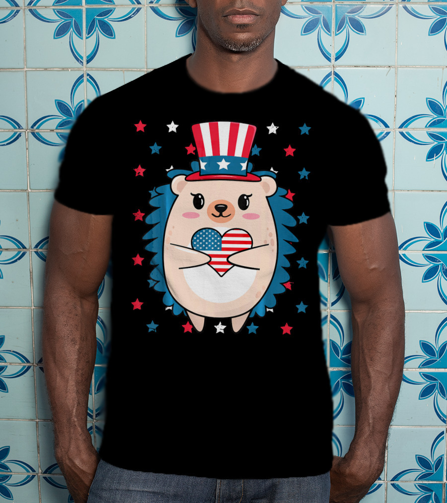 Hedgehog Patriotic Stars Uncle Sam Hat Holding USA Flag Heart T-Shirt