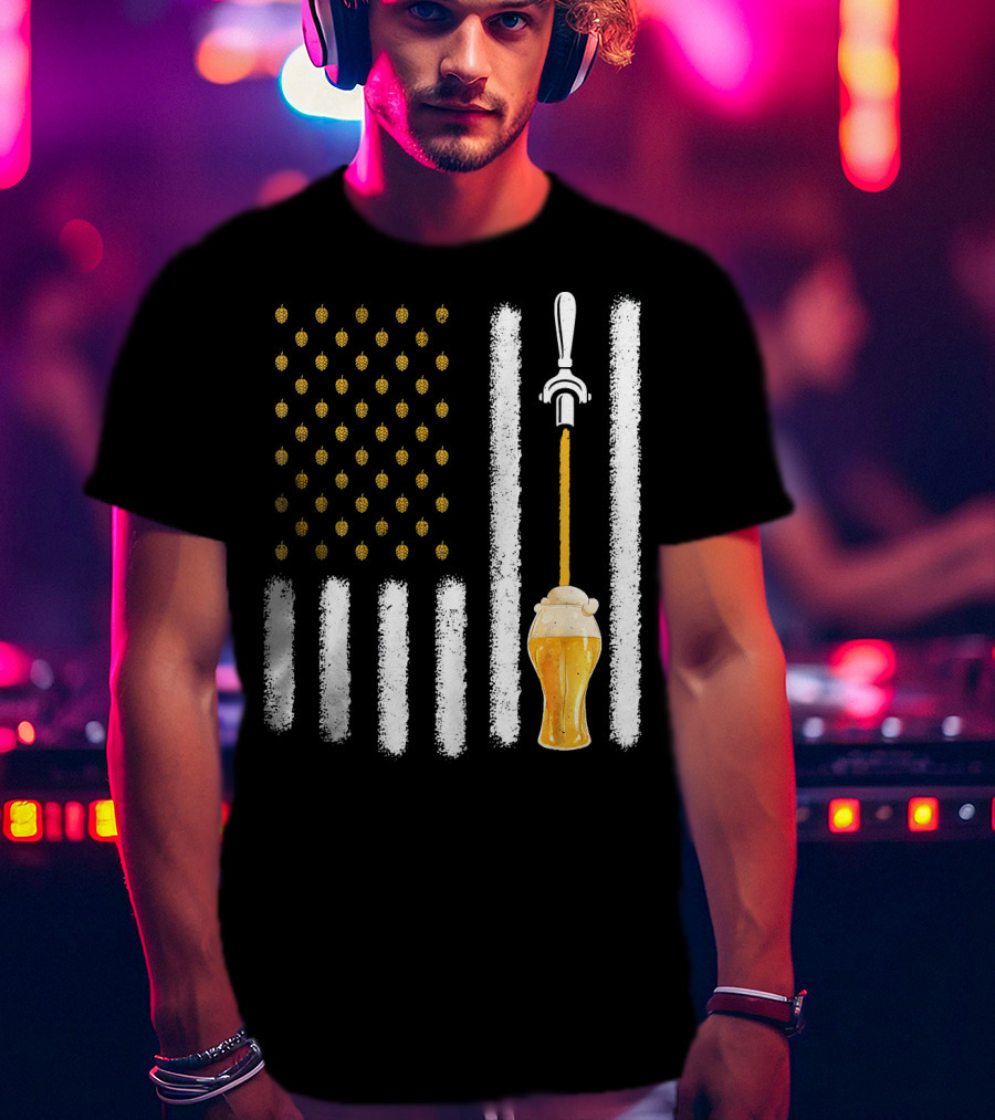 USA Flag Hops Pattern Craft Beer Tap Pouring T-Shirt