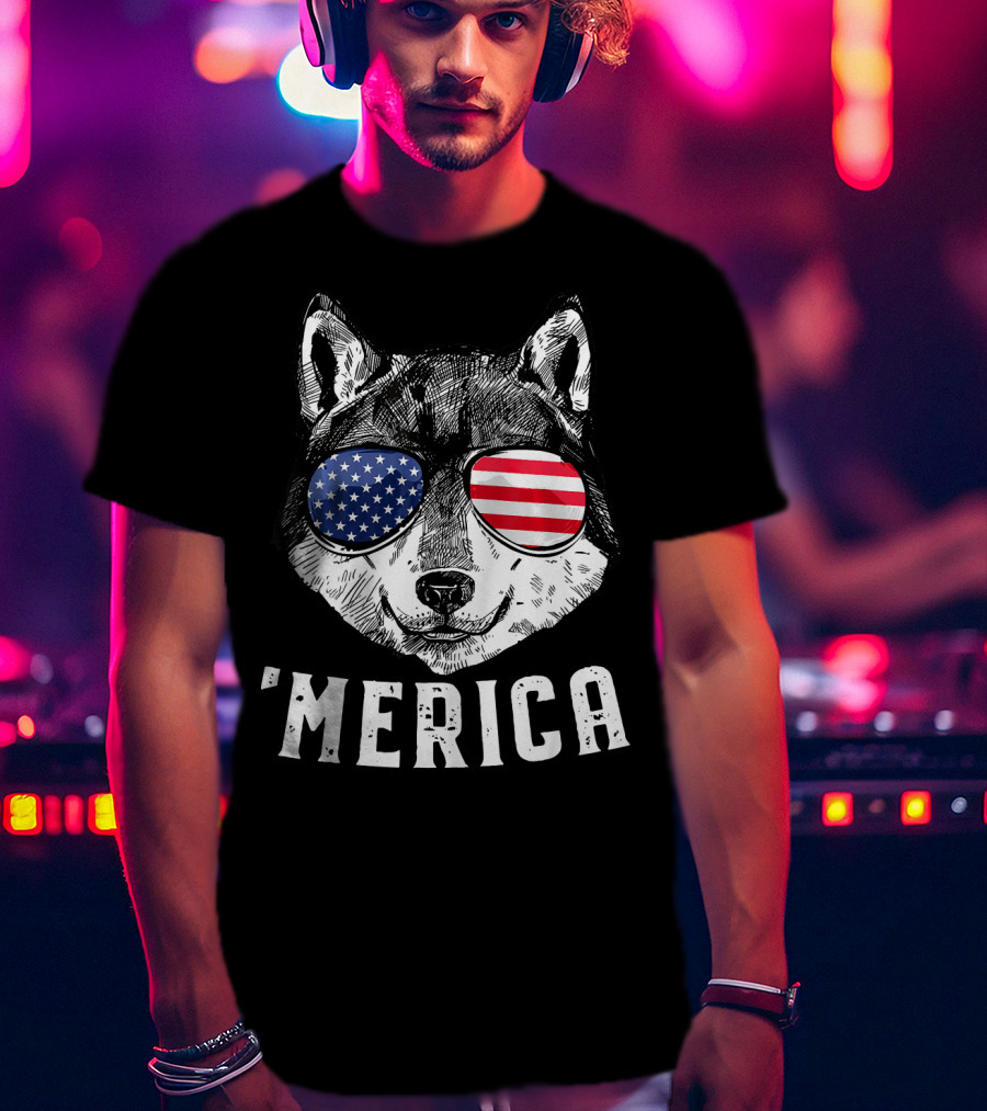 Patriotic Wolf American Flag Sunglasses 'Merica T-Shirt