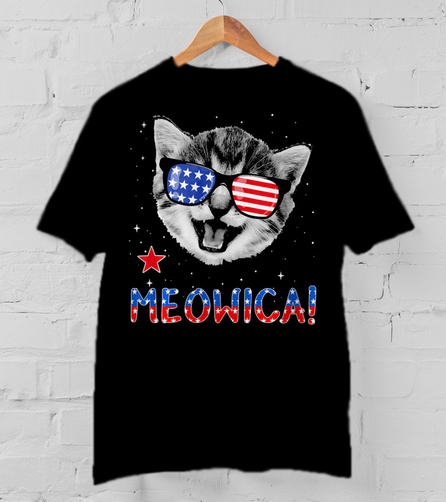 Meowica Cat With American Flag Glasses And Stars T-Shirt