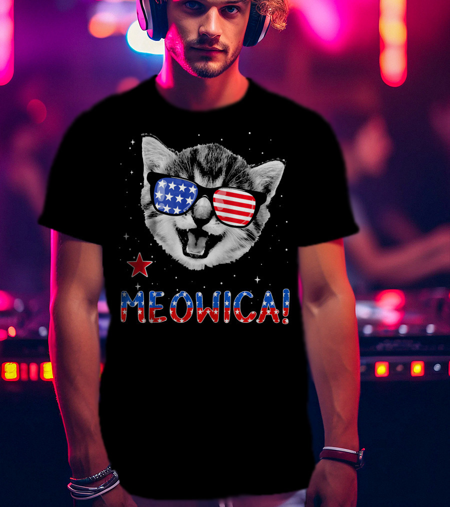 Meowica Cat With American Flag Glasses And Stars T-Shirt