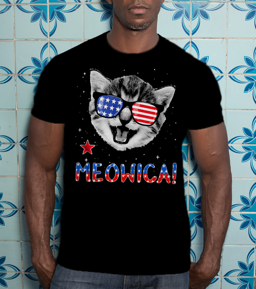 Meowica Cat With American Flag Glasses And Stars T-Shirt