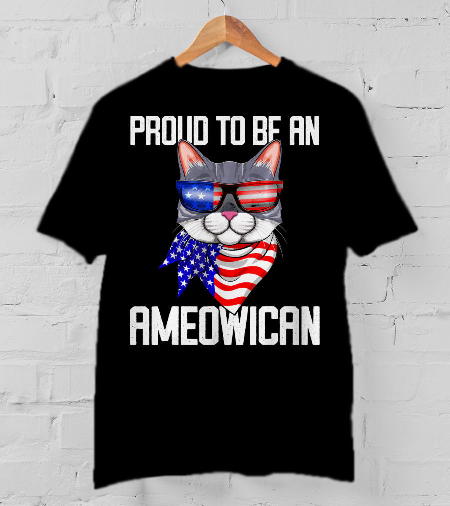 Proud To Be An Ameowican Cat With American Flag Glasses And Scarf T-Shirt