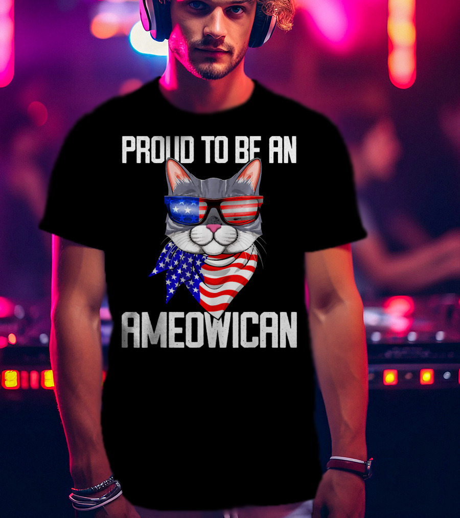 Proud To Be An Ameowican Cat With American Flag Glasses And Scarf T-Shirt