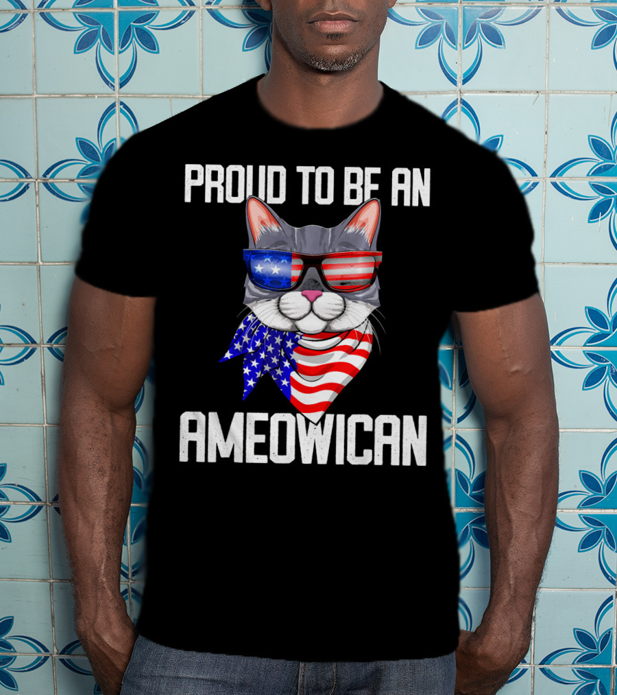 Proud To Be An Ameowican Cat With American Flag Glasses And Scarf T-Shirt
