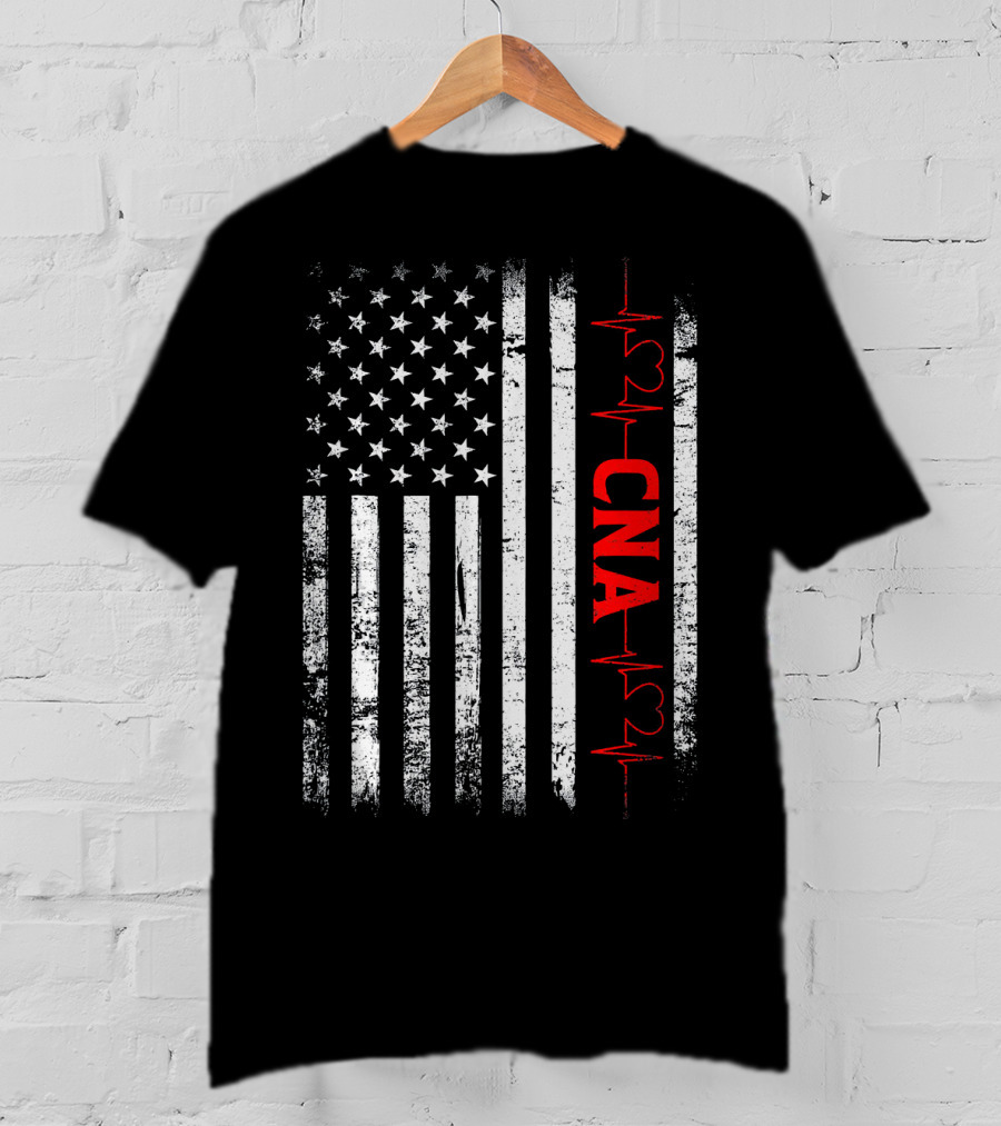 American Flag Heartbeat Red CNA Patriotic Nurse T-Shirt