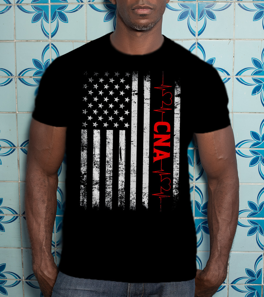 American Flag Heartbeat Red CNA Patriotic Nurse T-Shirt
