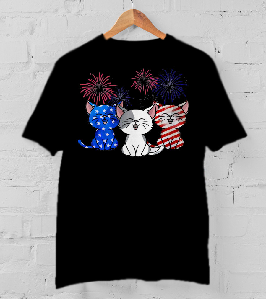 Funny Cat Fourth Of July Fireworks American Flag T-Shirt