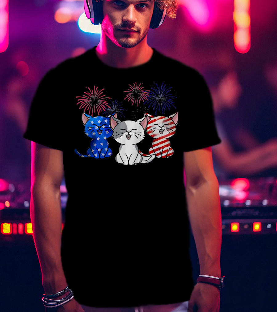 Funny Cat Fourth Of July Fireworks American Flag T-Shirt