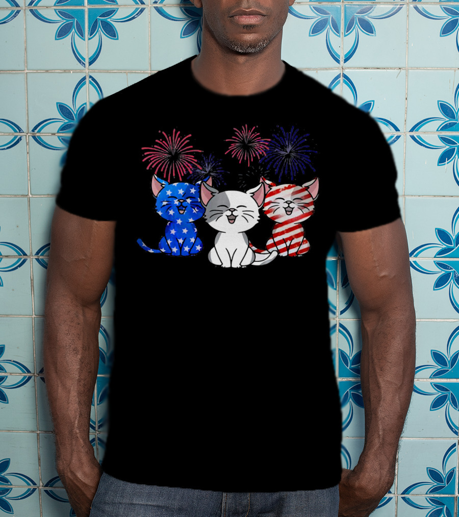 Funny Cat Fourth Of July Fireworks American Flag T-Shirt