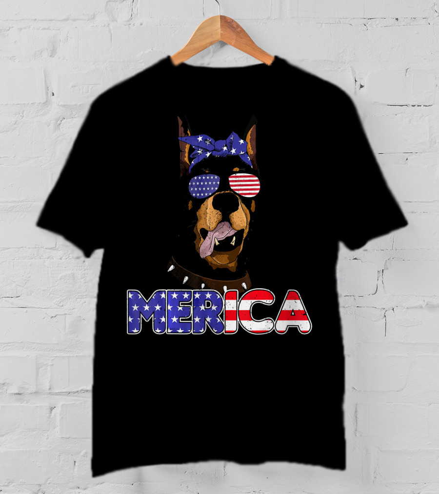 Patriotic Merica Doberman Pinscher With American Flag Bandana And Sunglasses T-Shirt