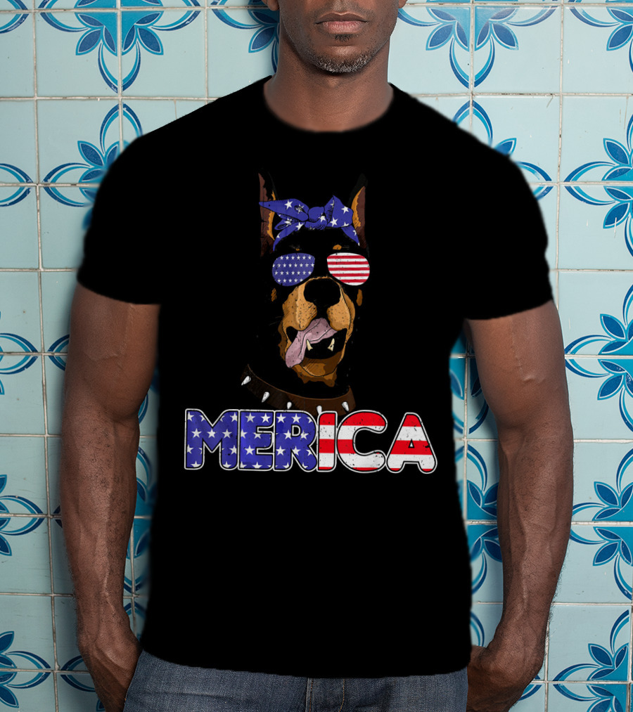 Patriotic Merica Doberman Pinscher With American Flag Bandana And Sunglasses T-Shirt