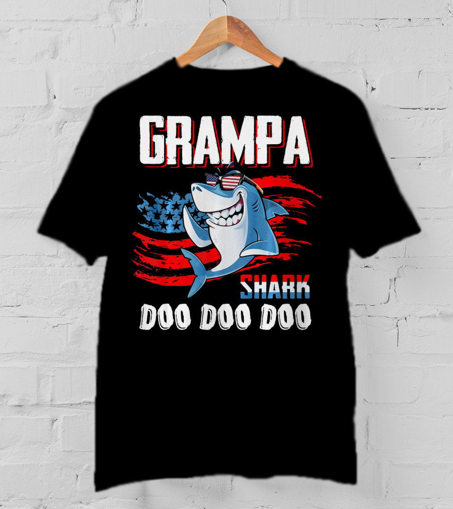 Grampa Shark Doo Doo Doo American Flag Sunglasses T-Shirt