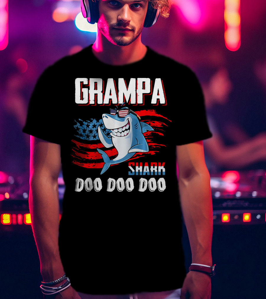 Grampa Shark Doo Doo Doo American Flag Sunglasses T-Shirt