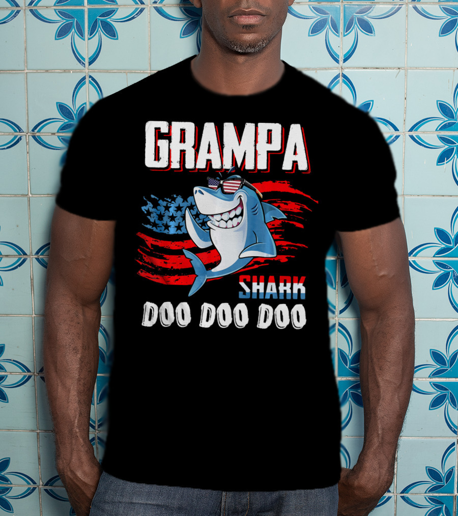 Grampa Shark Doo Doo Doo American Flag Sunglasses T-Shirt
