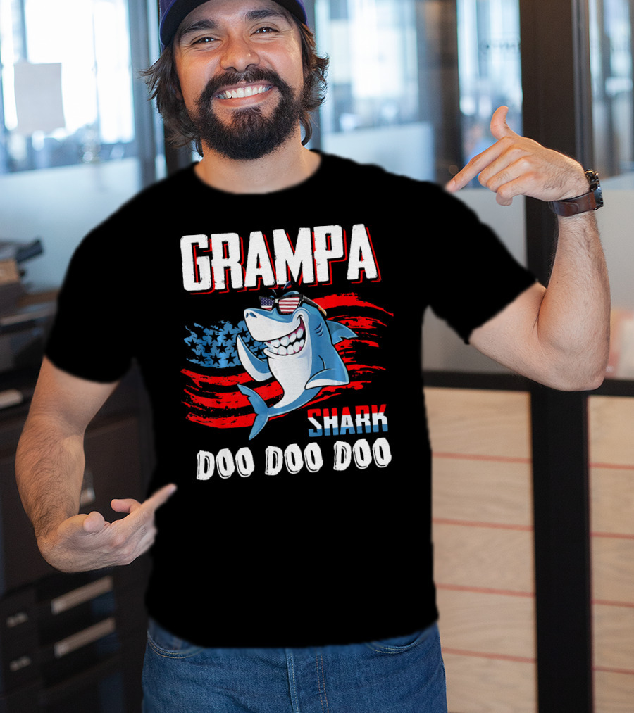 Grampa Shark Doo Doo Doo American Flag Sunglasses T-Shirt