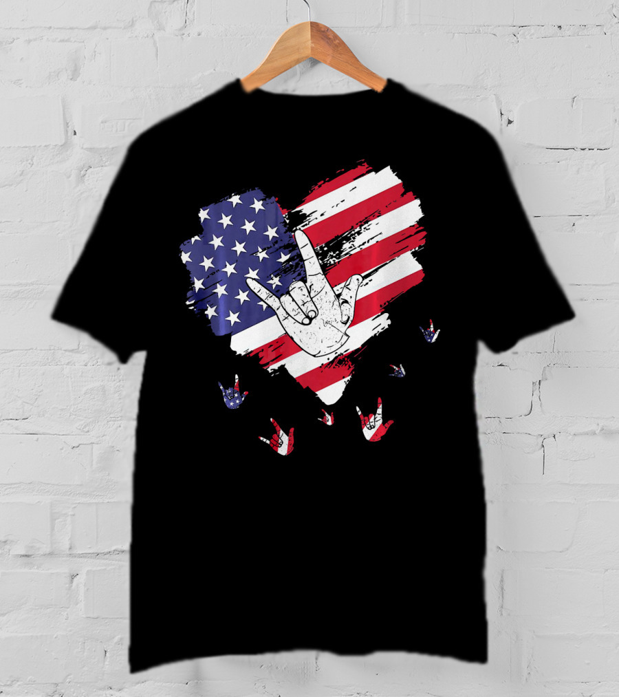 I Love You American Sign Language Hand Shape Heart With USA Flag Colors T-Shirt