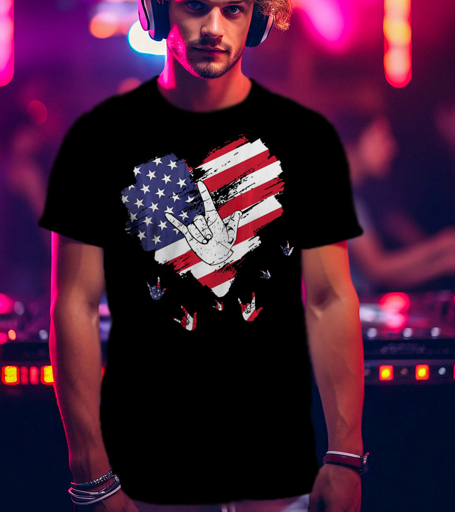 I Love You American Sign Language Hand Shape Heart With USA Flag Colors T-Shirt
