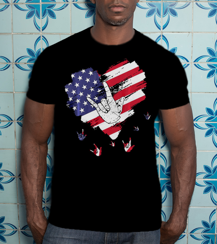 I Love You American Sign Language Hand Shape Heart With USA Flag Colors T-Shirt