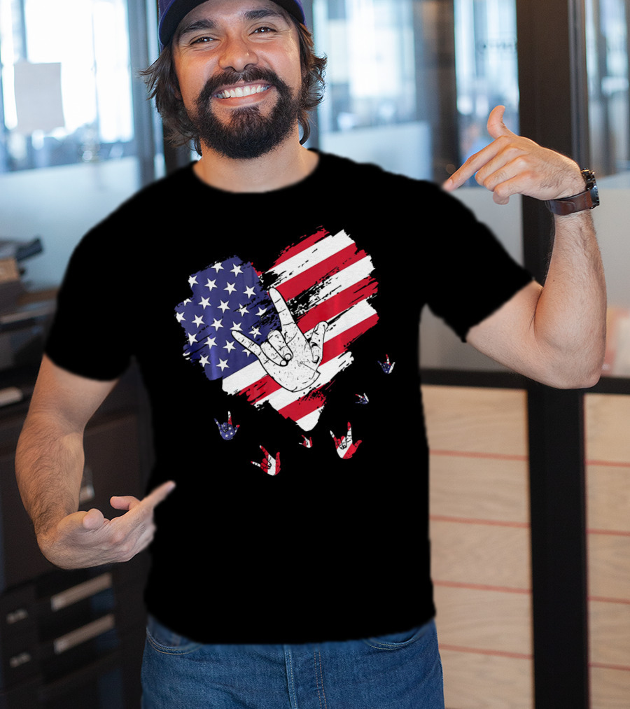 I Love You American Sign Language Hand Shape Heart With USA Flag Colors T-Shirt