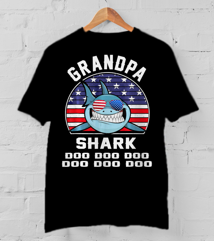 Grandpa Shark Doo Doo Doo American Flag Sunglasses T-Shirt