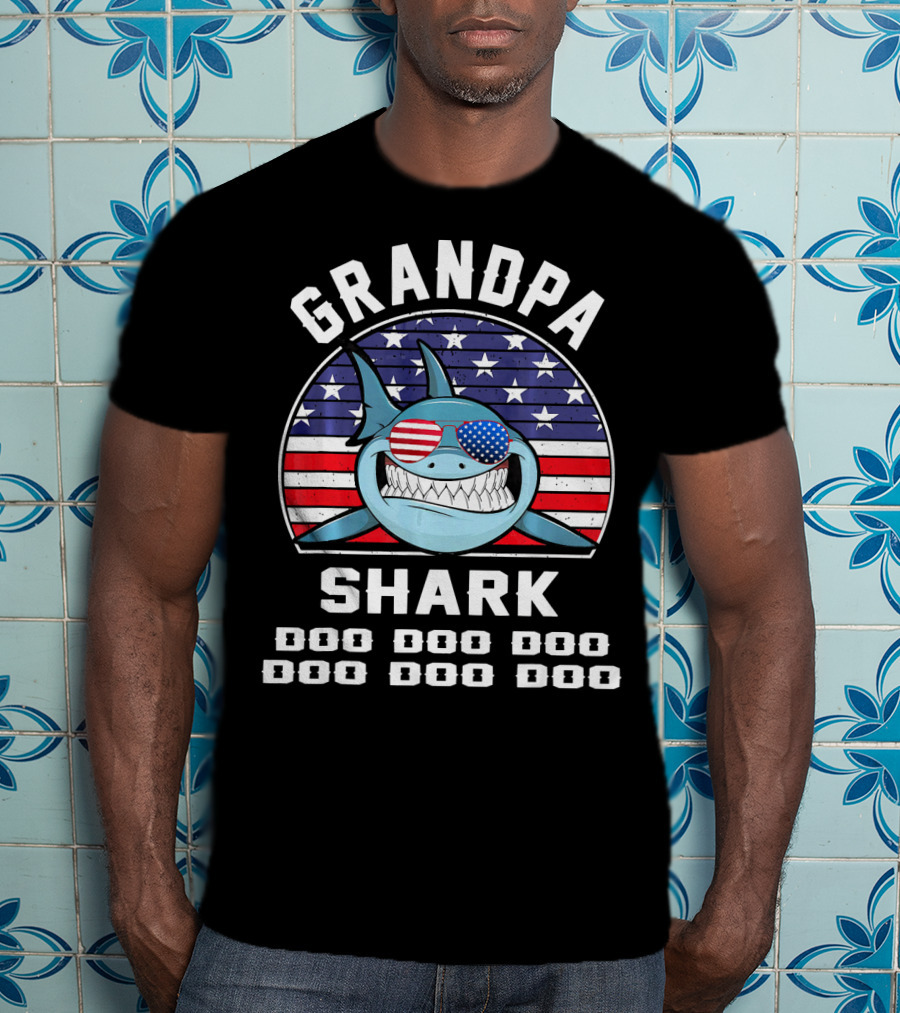 Grandpa Shark Doo Doo Doo American Flag Sunglasses T-Shirt