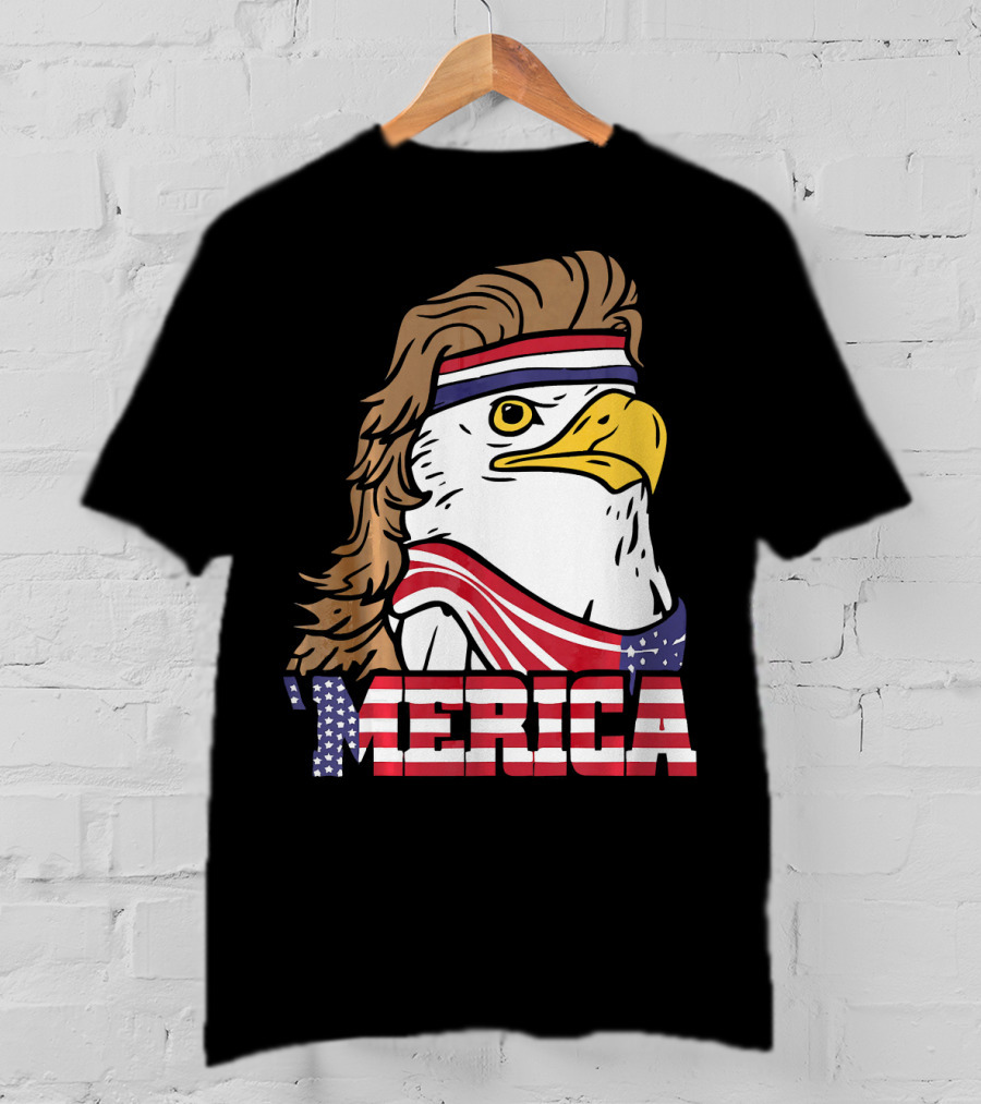 'Merica Bald Eagle Mullet Headband American Flag T-Shirt