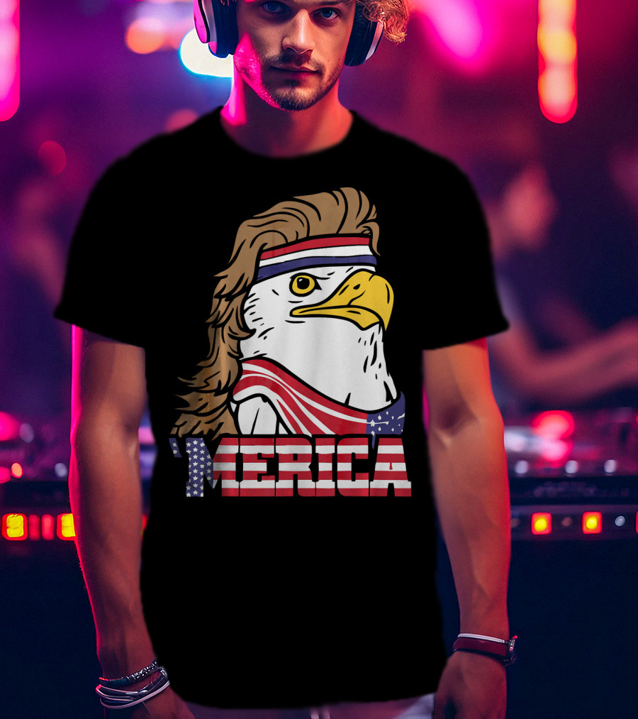 'Merica Bald Eagle Mullet Headband American Flag T-Shirt